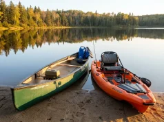 Canoe or Kayak for Fishing? The Honest Answer Canoe and fishing kayak side by side on a lake shore at sunrise