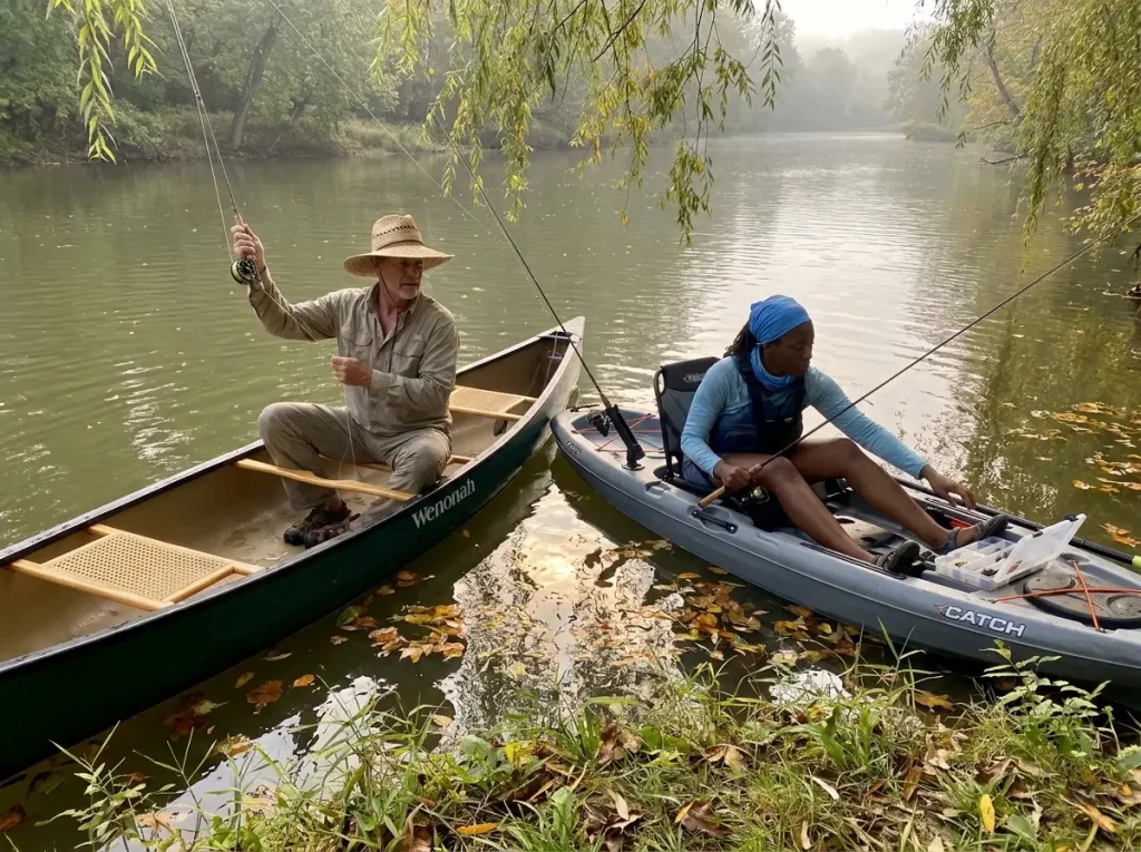 Angler seated high in a canoe compared to low kayak position on a river