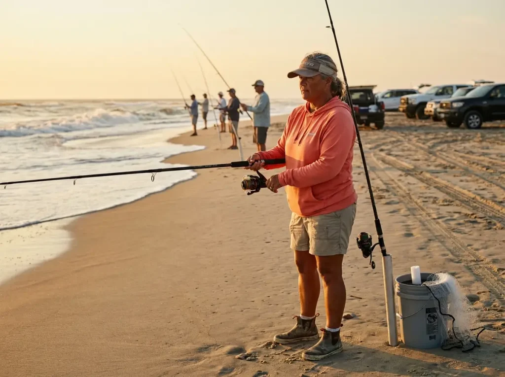 Surf fishermen lined up at Cape Point Hatteras Island with rod holders in sand at sunrise