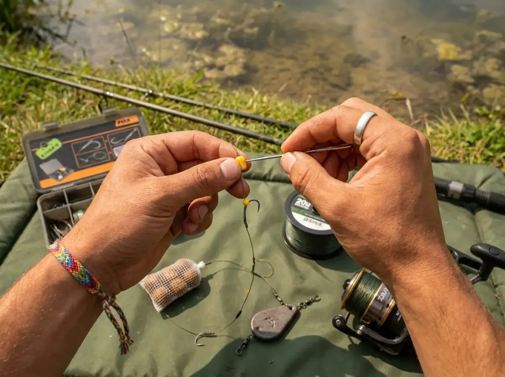Angler tying a hair rig for carp with hook, braid, and corn bait on a tackle mat beside the water