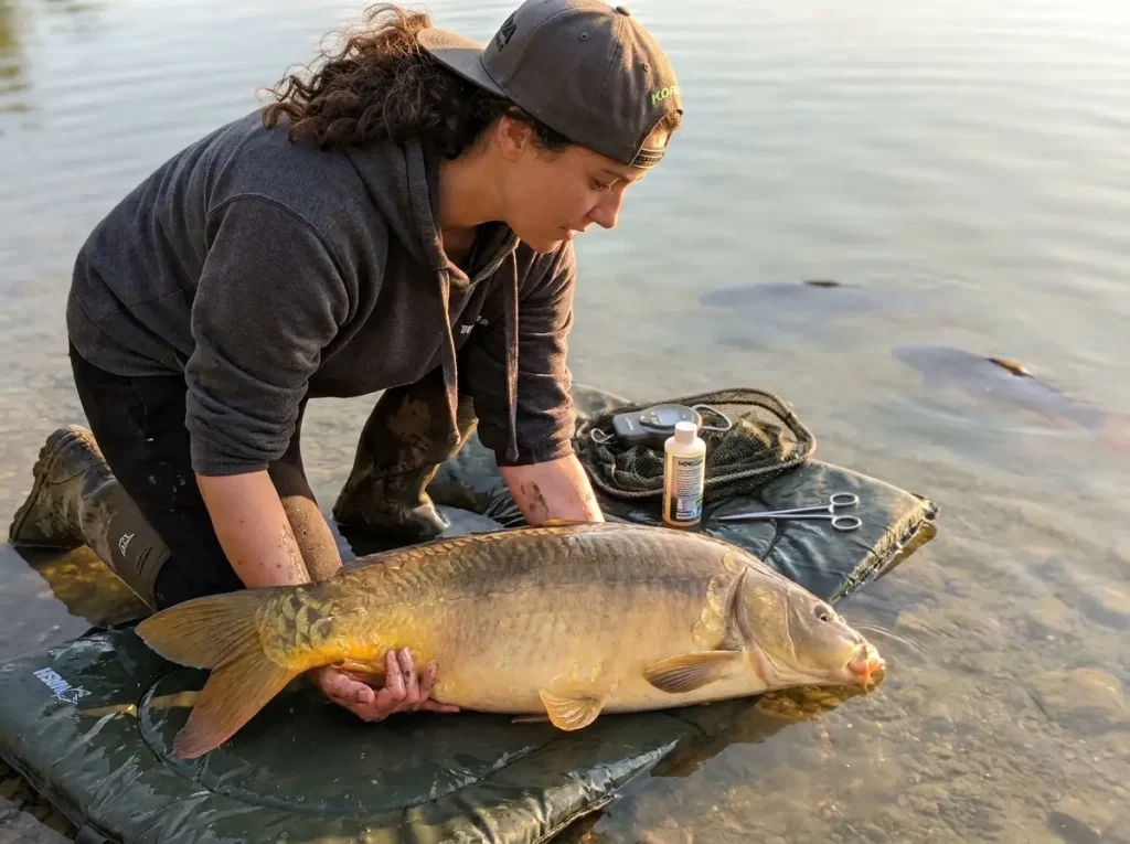 Angler carefully releasing a large common carp back into shallow summer lake water from an unhooking mat