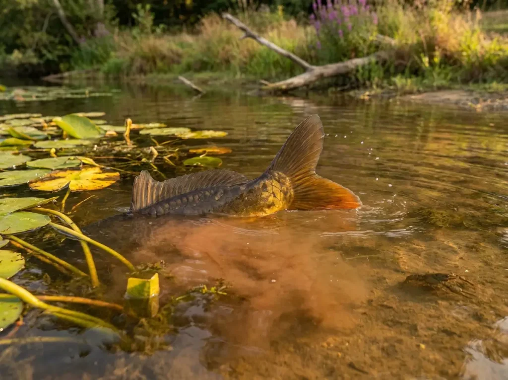 Close-up of carp tailing in shallow water with dorsal fin and tail breaking the surface near lily pads