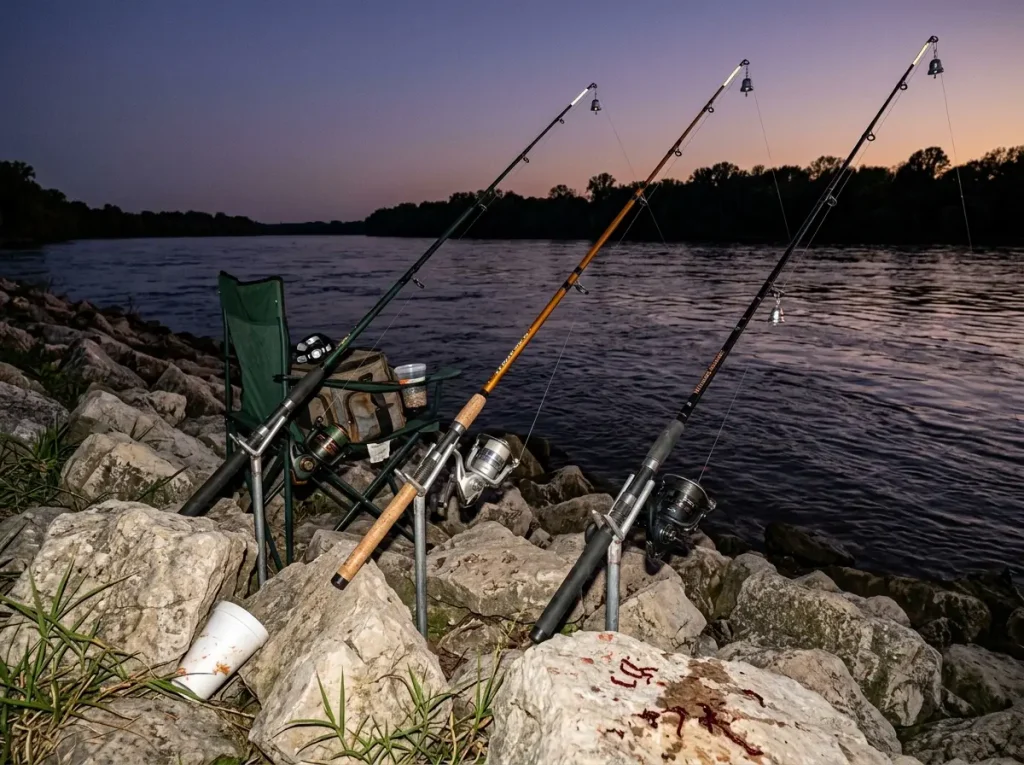 Bank fishing catfish setup with long rods in holders along a river riprap bank