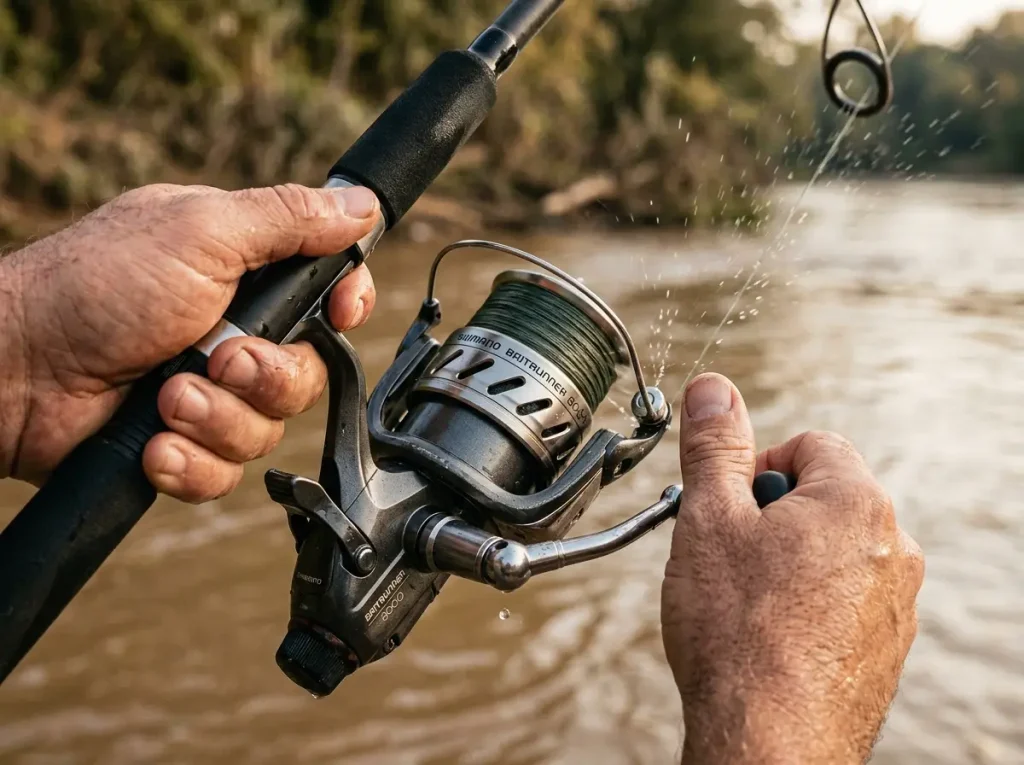 Close-up of baitrunner reel drag system engaged with catfish line pulling
