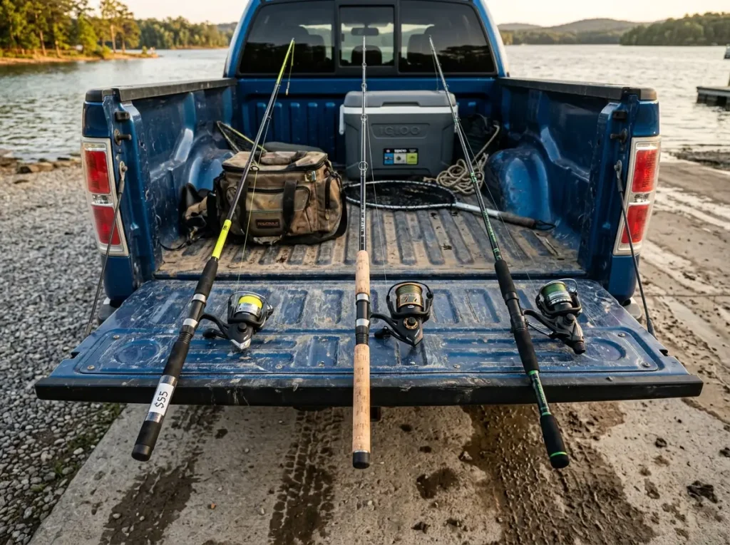 Three complete catfish rod and reel setups arranged by budget tier on a tailgate