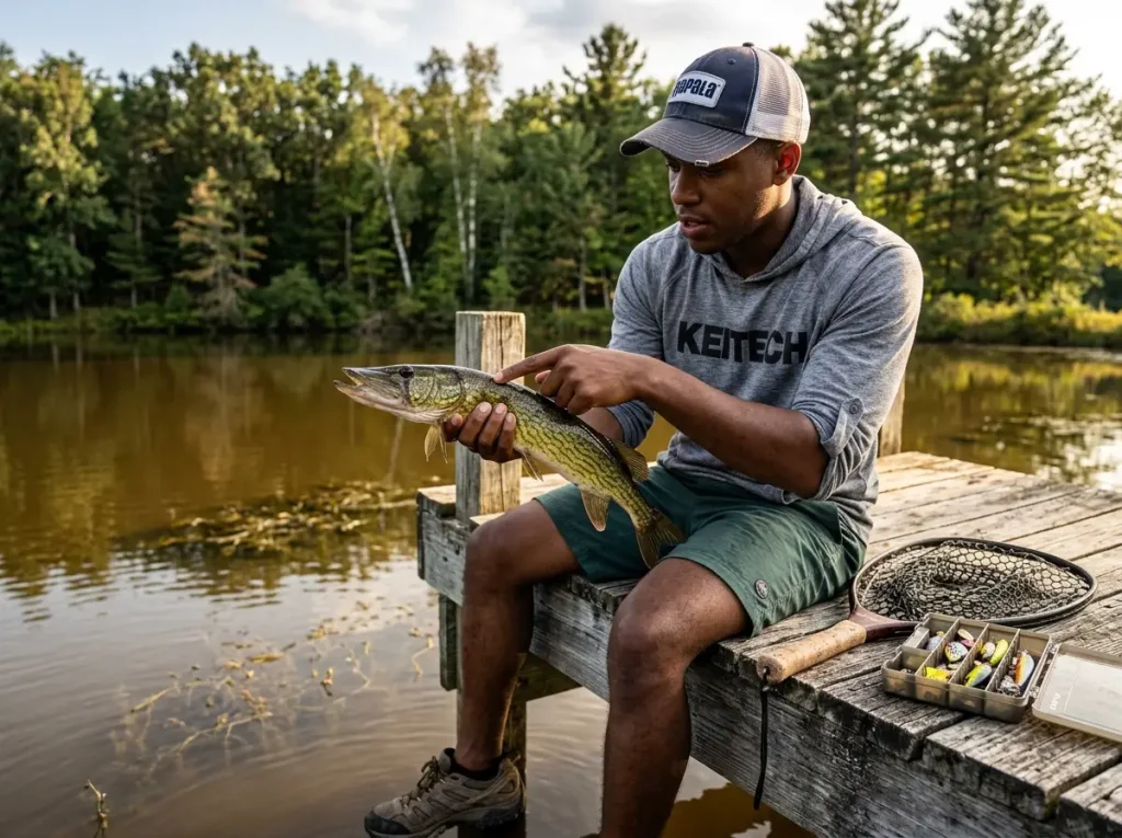 Angler examining chain pickerel gill cover scales for species identification