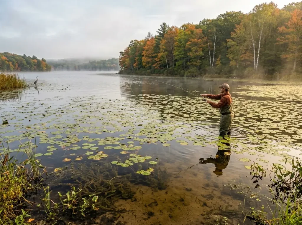 Weedy shallow pond with lily pads and submerged vegetation ideal for chain pickerel