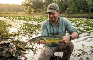 7 Chain Pickerel Facts Most Anglers Get Wrong Chain pickerel held horizontally showing chain-link markings near lily pads