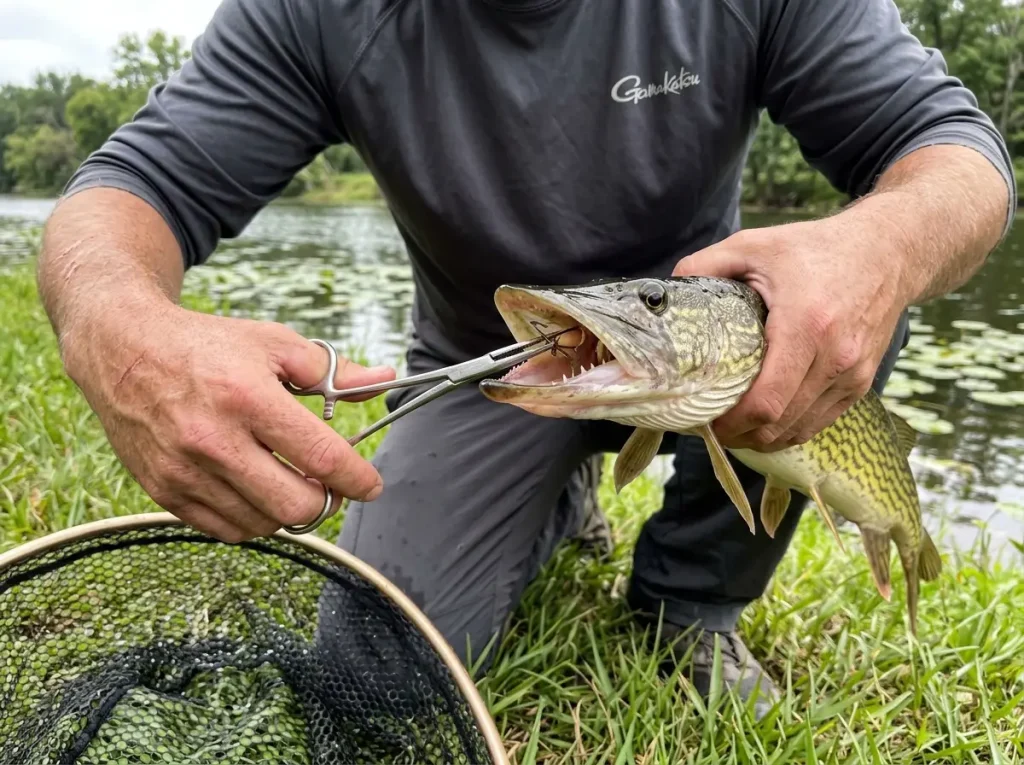 Angler using hemostats to unhook chain pickerel with proper gill plate grip