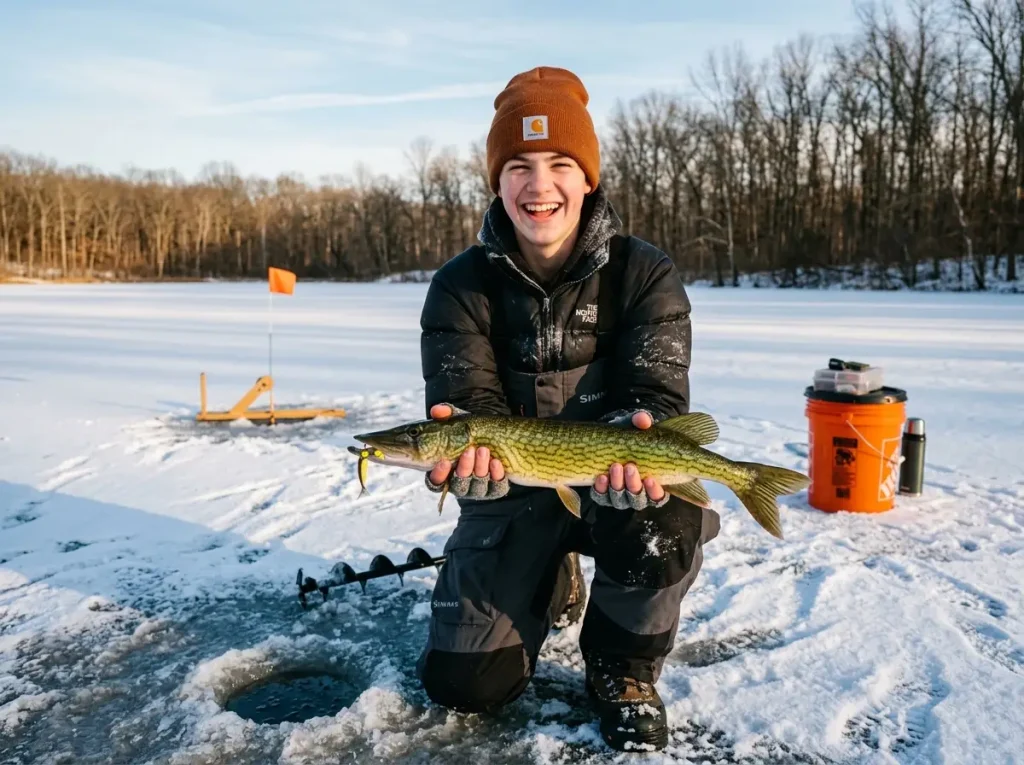 Young angler smiling while holding a chain pickerel at a frozen winter pond