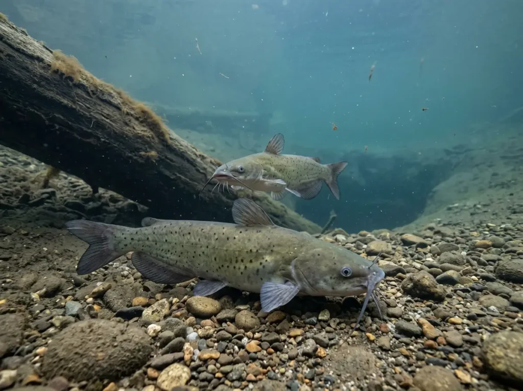 Channel catfish holding near bottom in cold clear winter river water