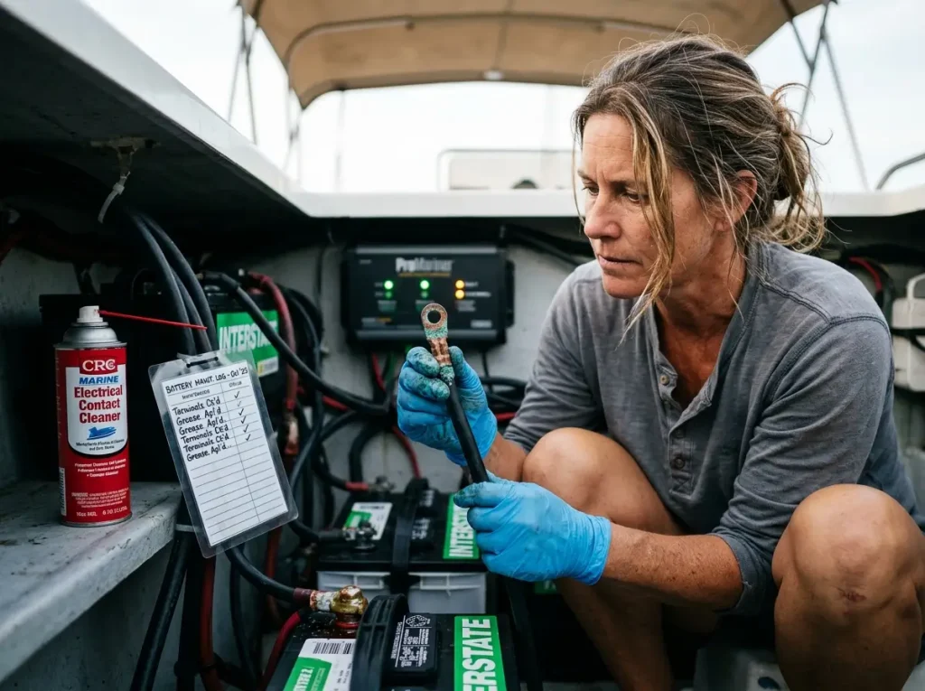 Boat owner inspecting battery charger connections during seasonal maintenance check