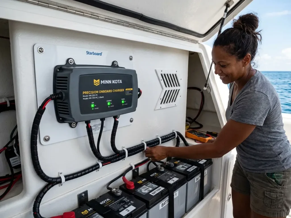 Onboard charger properly mounted on fiberglass panel with ventilation clearance in boat compartment