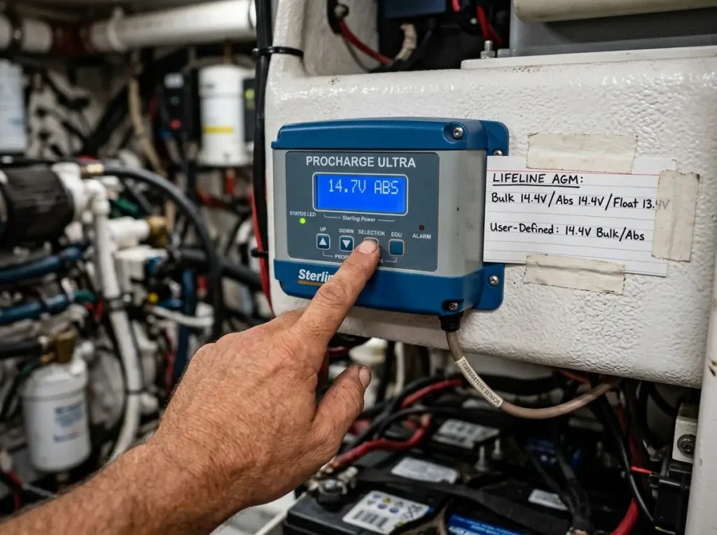 Close-up of marine battery charger programming panel showing custom voltage settings