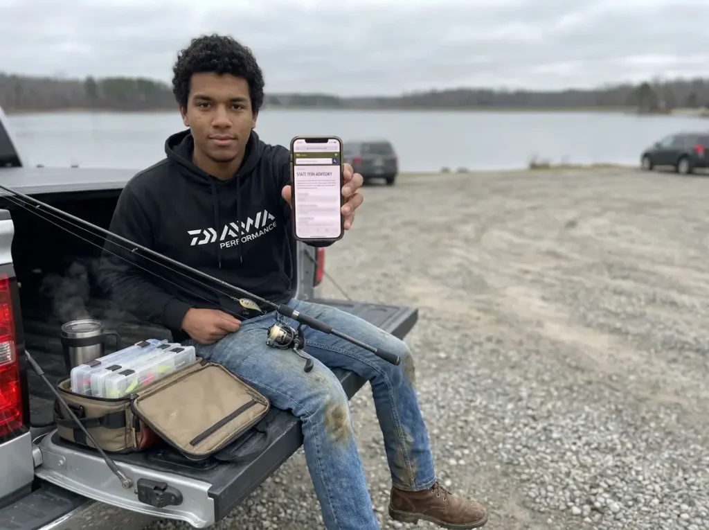 Angler checking phone for fish advisory at lakeside