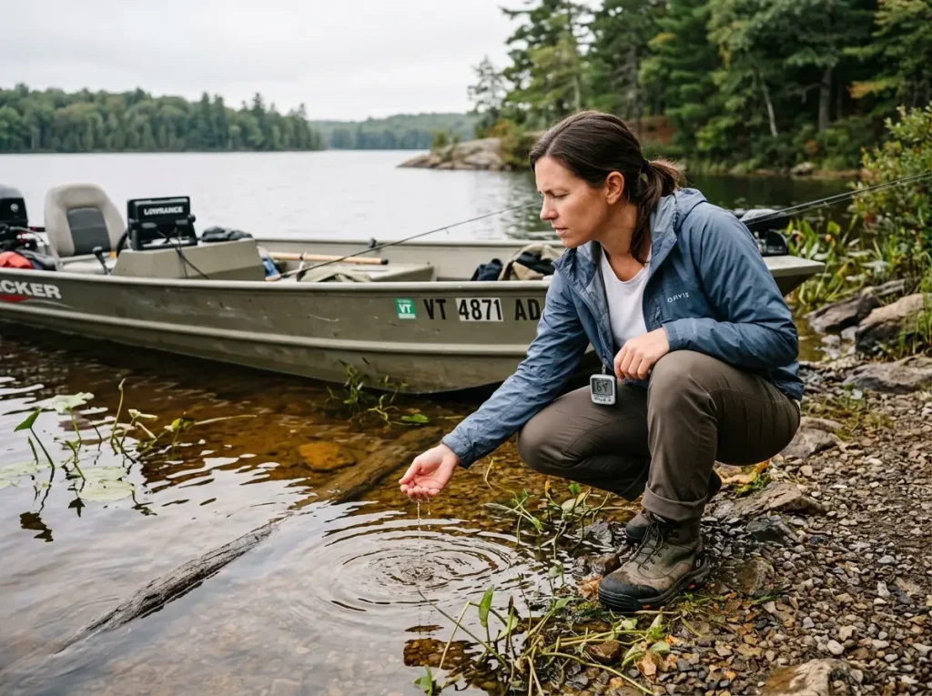 Angler checking water clarity and conditions at a new lake shoreline