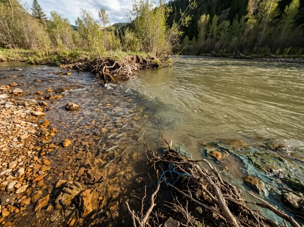 Split view showing clear healthy stream versus murky algae-covered water in same river