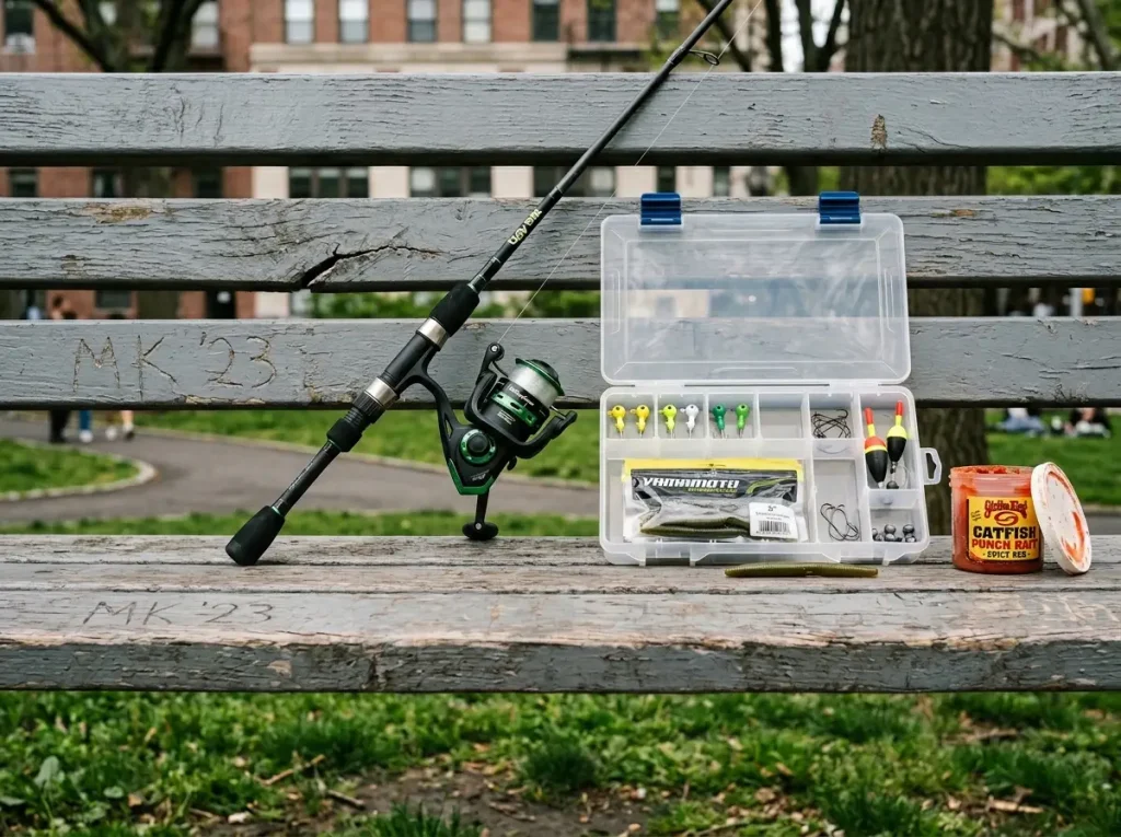 Compact Ugly Stik spinning rod and reel with urban fishing tackle tray on a park bench