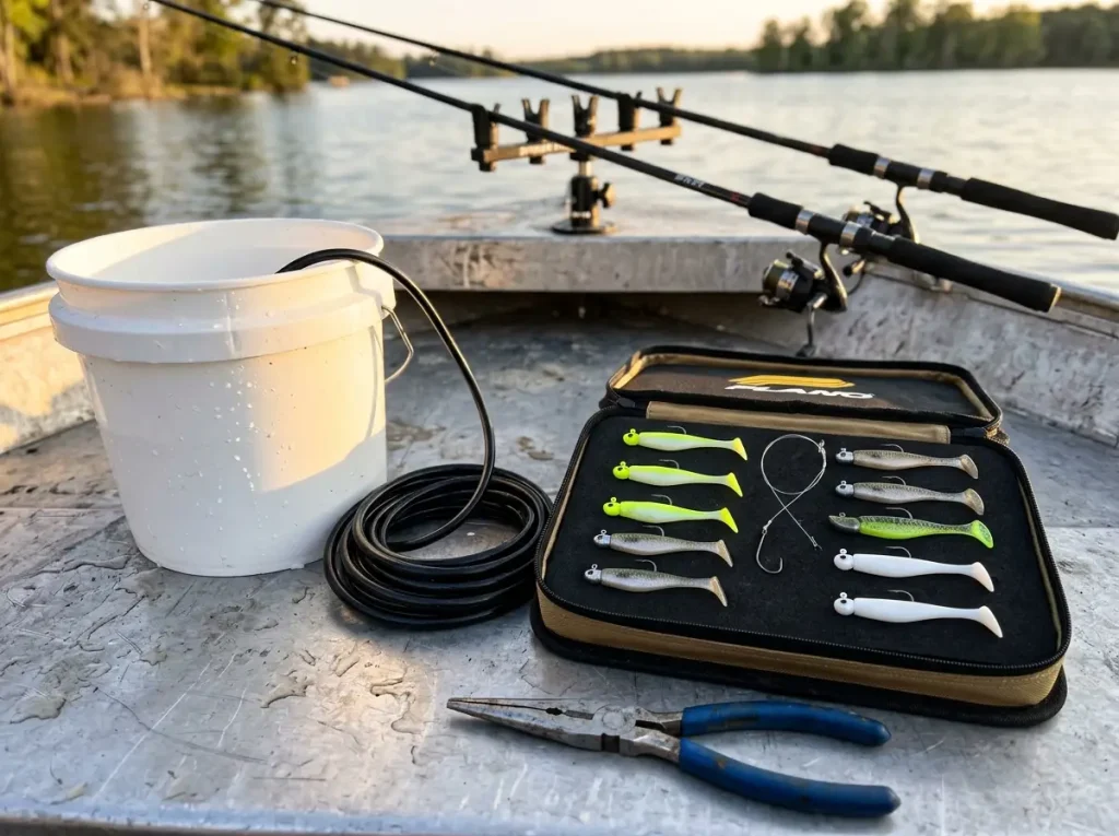 Crappie jig selection including Bobby Garland Baby Shad alongside a minnow bucket on the bow of a fishing boat