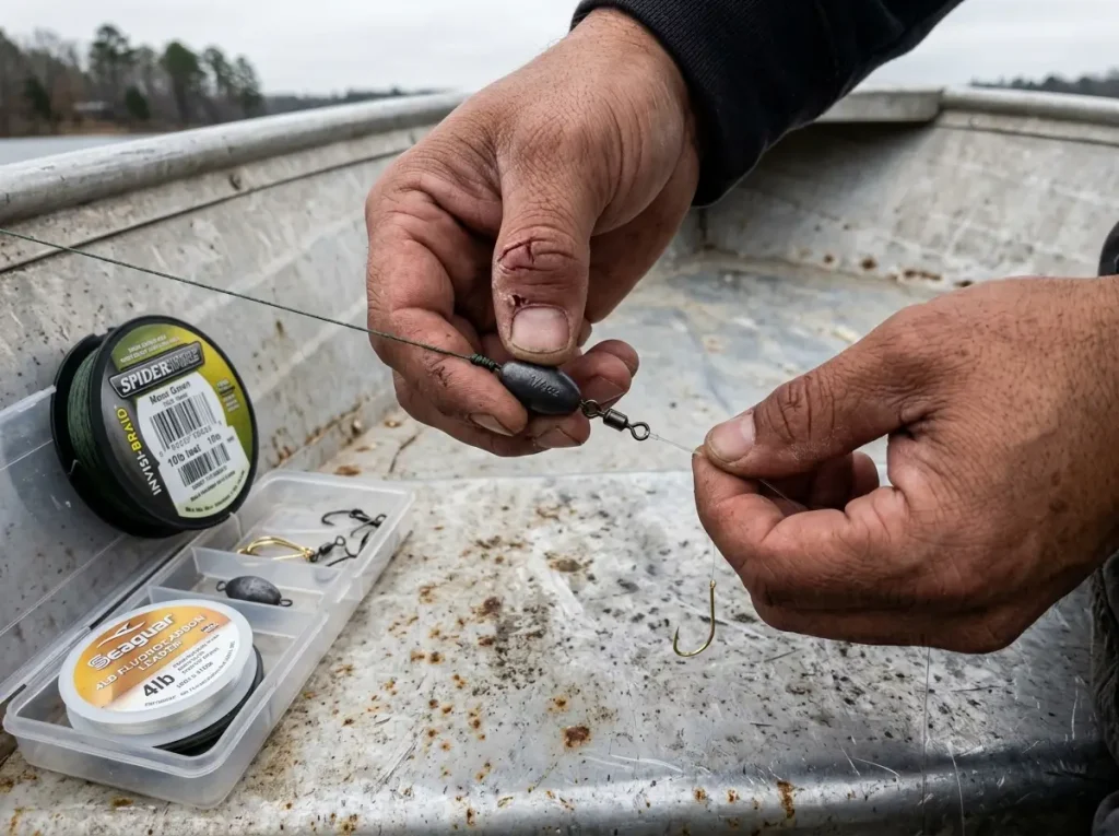 Hands tying a crappie double rig with Spiderwire braid, egg sinker, and Aberdeen hooks on a boat's bow deck