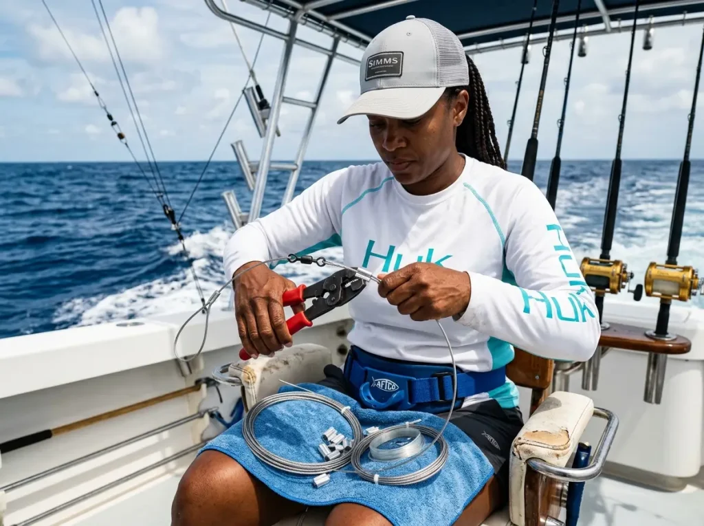 Angler crimping seven strand wire cable leader with aluminum sleeves on charter boat