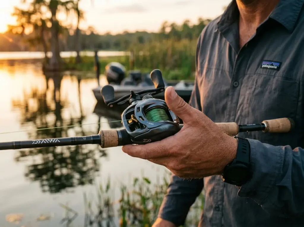 Daiwa T-Wing TWS level wind system open position during cast on baitcaster reel