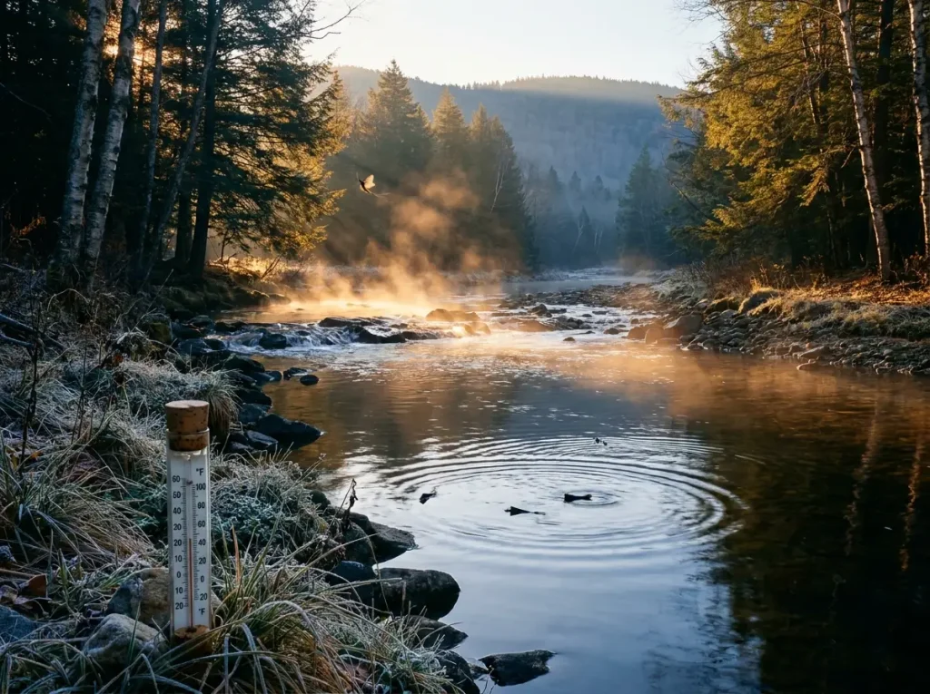 Dawn light breaking over a small mountain stream with mist rising from cold water