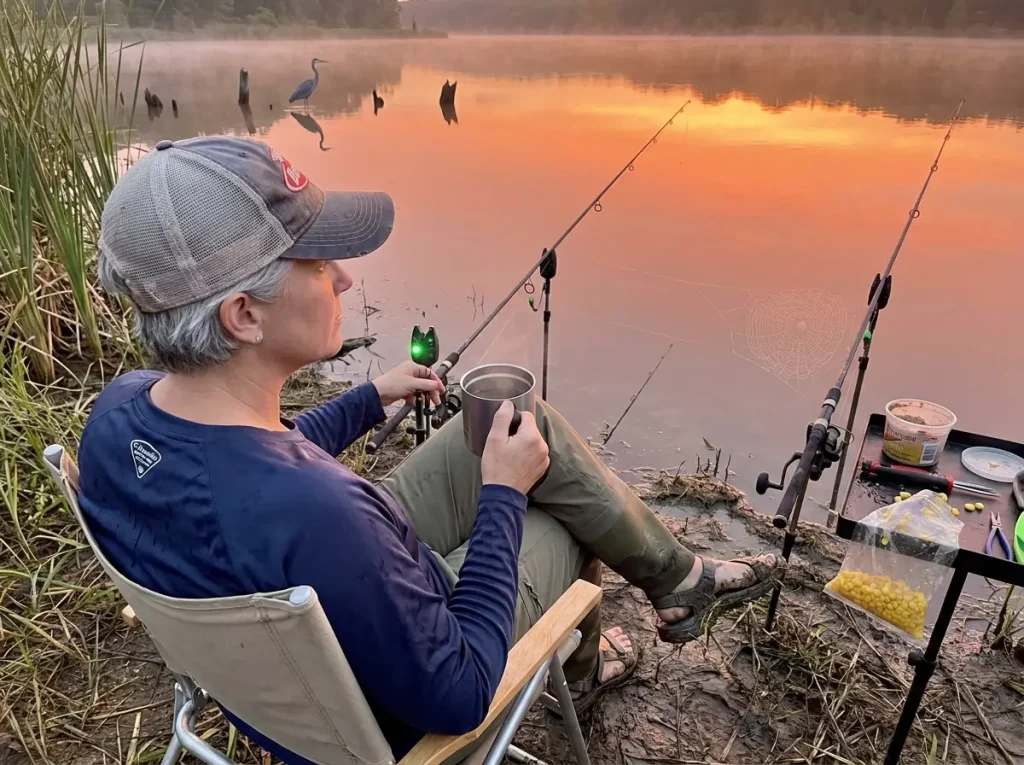 Angler fishing for carp at dawn on a misty lake with rod tips silhouetted against orange sunrise