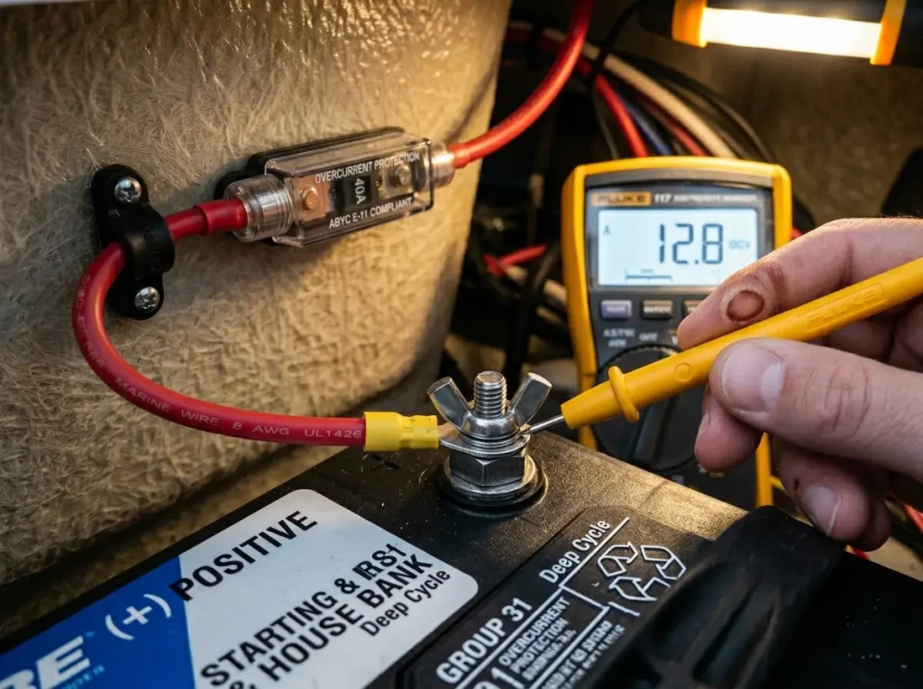 Marine battery charger DC wiring with inline fuse within seven inches of battery terminal