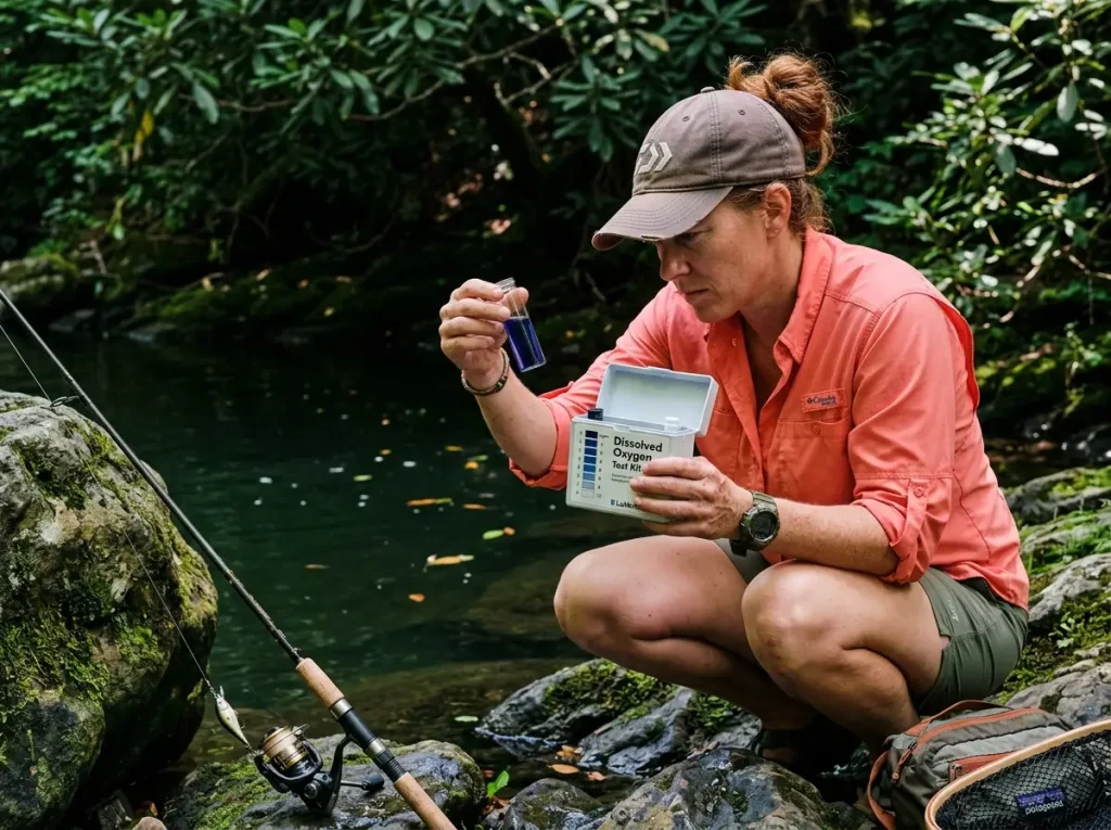 Angler using dissolved oxygen test kit in shaded stream pool near fishing spot