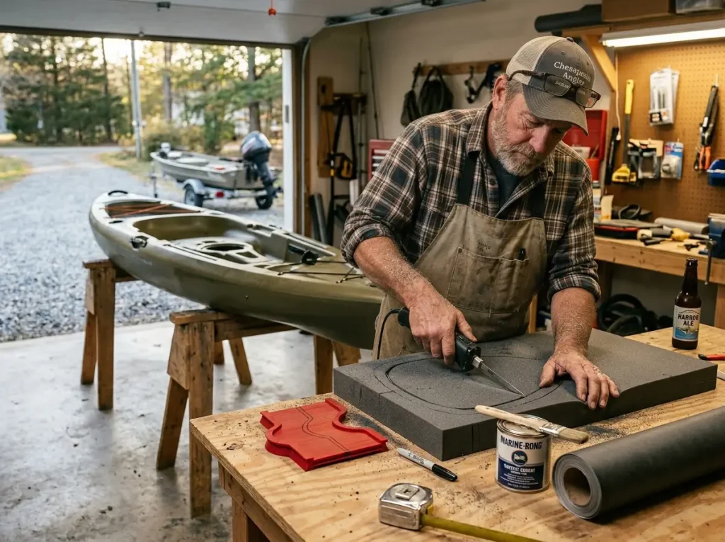 Angler cutting closed-cell foam with electric knife for custom kayak seat pad