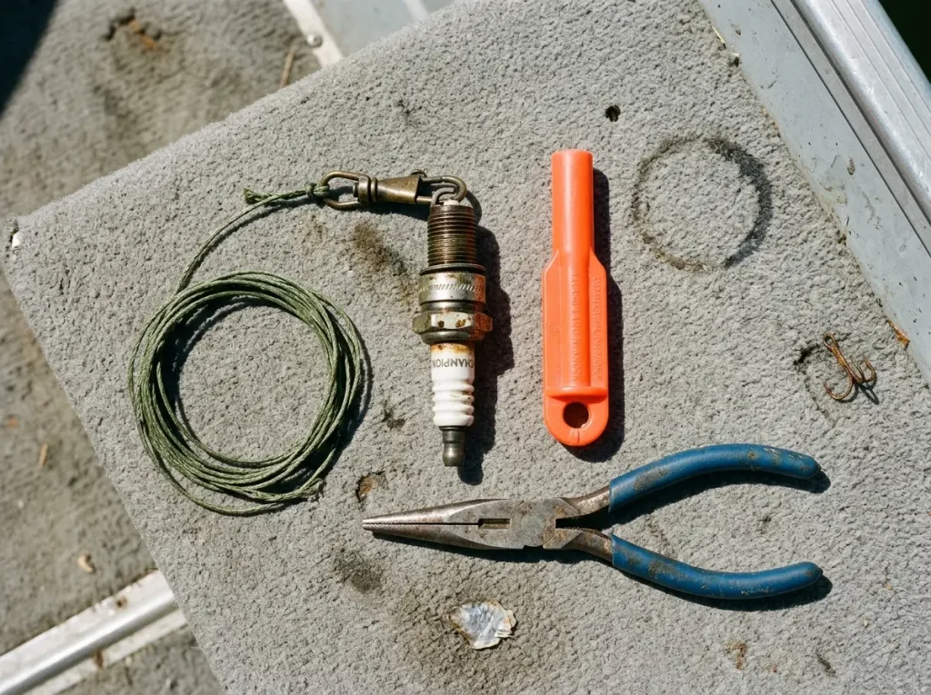 Homemade plug knocker made from spark plug clipped to fishing line on boat deck