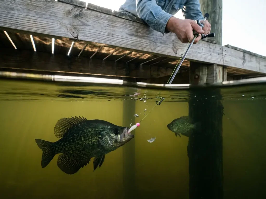 Crappie striking a jig on the fall under a dock — split underwater shot