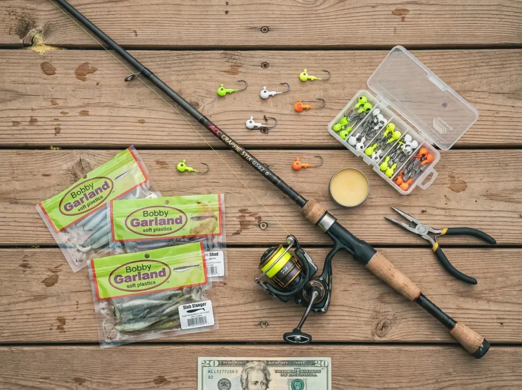 Dock shooting tackle layout — light rod, spinning reel, jig heads and soft plastics