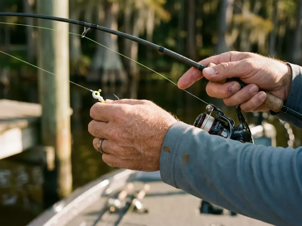 Close-up of angler's hands gripping the jig and rod in correct dock shooting form