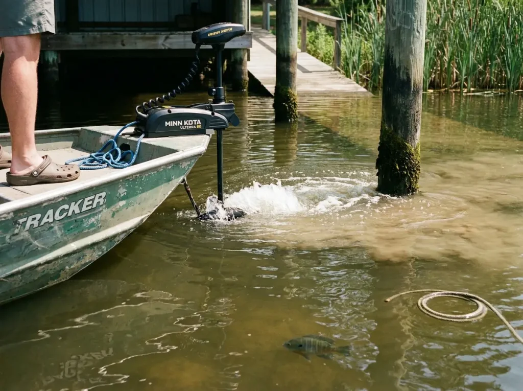 Trolling motor prop wash creating turbulence near a crappie dock — bite-killer shot