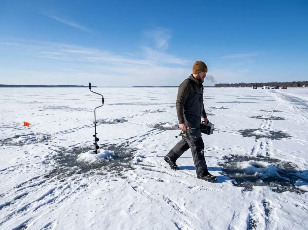 Wide shot of multiple drilled ice fishing holes in a grid pattern on a frozen lake