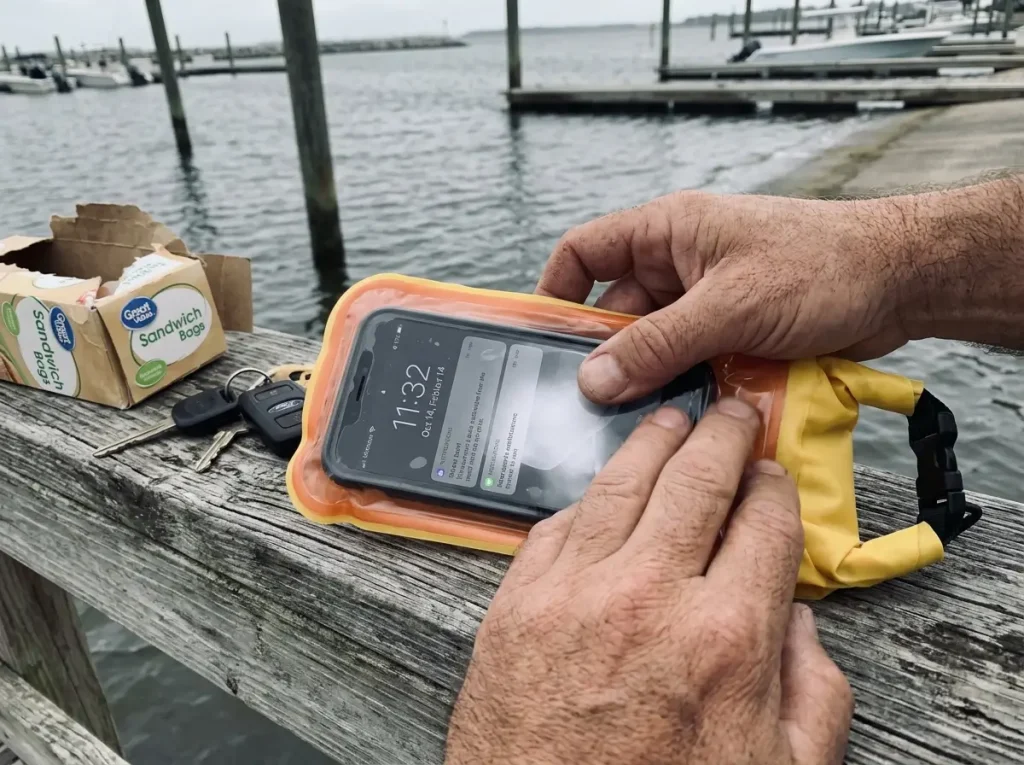 A smartphone sealed in a doubled roll-top dry bag with the air squeezed out, on a dock rail