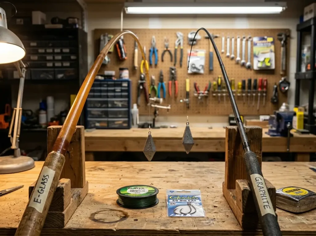 Comparison of E-glass fiberglass and graphite catfish rod blanks under load