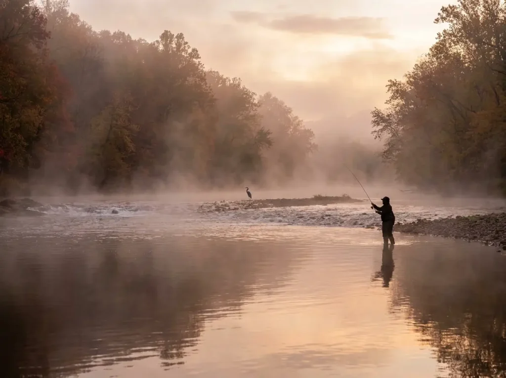 Misty autumn river at dawn with steam rising from the water surface