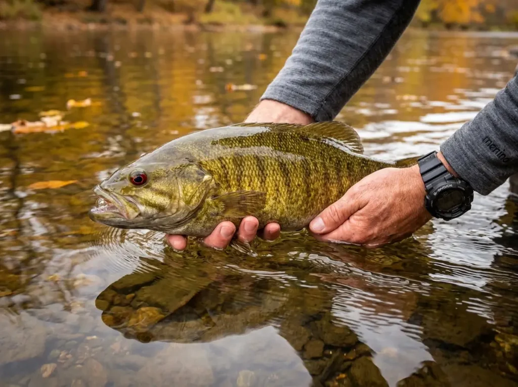 Smallmouth bass being released back into a fall river with proper wet-hand technique