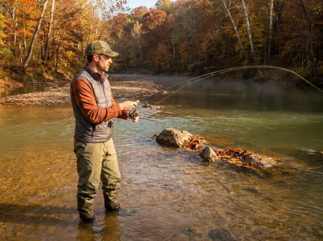 fall-smallmouth-bass-river-fishing-hero Angler wading a fall river casting for smallmouth bass among autumn-colored trees