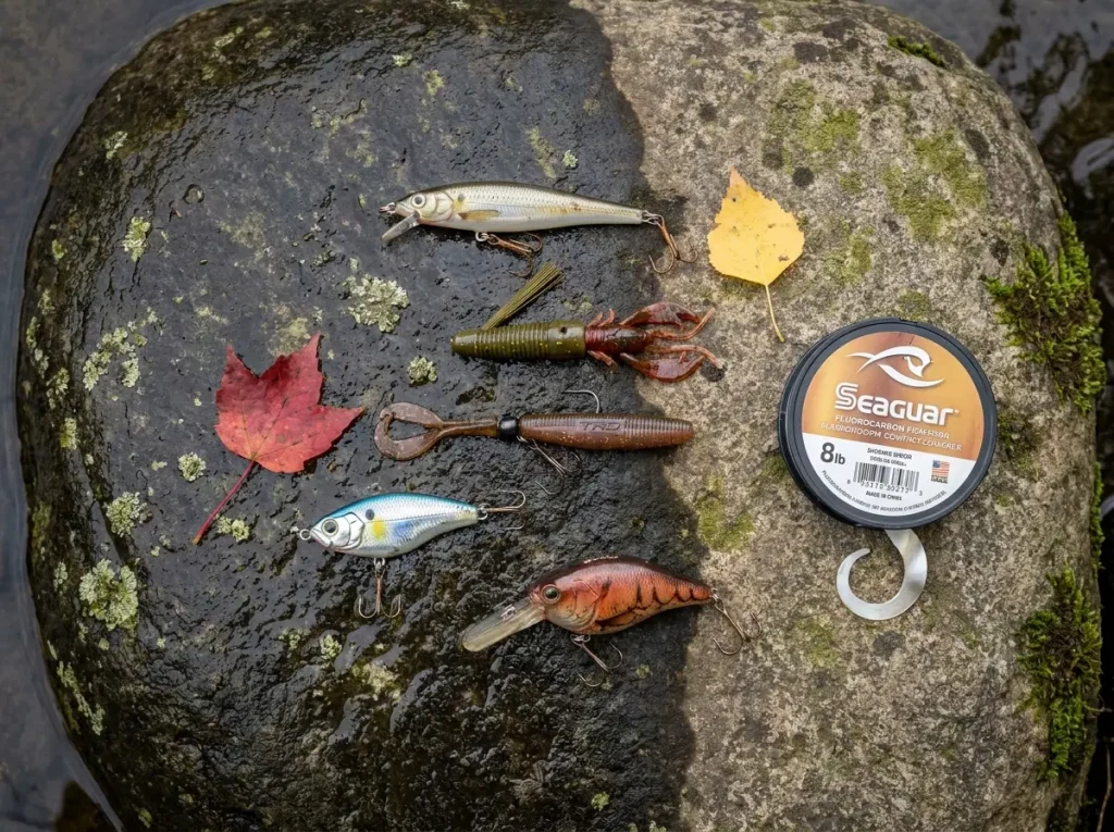 Fall smallmouth lure spread with jerkbaits tubes and ned rigs on a river rock
