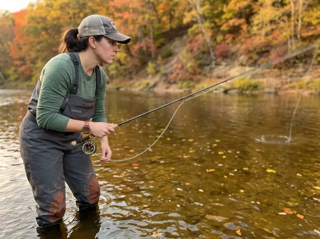 Angler slow-retrieving a jerkbait in a fall river pool with rod tip low