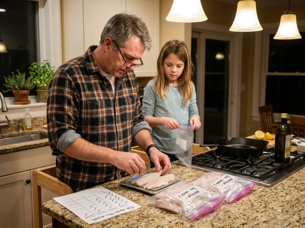 Family filleting and portioning fresh-caught fish at home kitchen