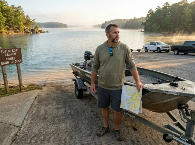find-fish-unfamiliar-water-hero Angler studying a lake from the boat ramp on an unfamiliar body of water