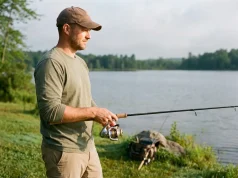 Why Your First Reel Isn’t Always a Spinning Reel Beginner angler holding a spinning combo at a lake, choosing a first fishing reel type