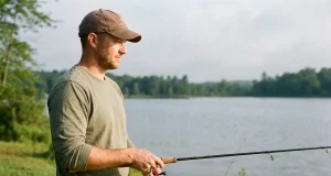 Why Your First Reel Isn’t Always a Spinning Reel Beginner angler holding a spinning combo at a lake, choosing a first fishing reel type