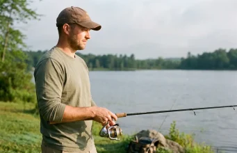 Why Your First Reel Isn’t Always a Spinning Reel Beginner angler holding a spinning combo at a lake, choosing a first fishing reel type