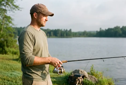 Why Your First Reel Isn’t Always a Spinning Reel Beginner angler holding a spinning combo at a lake, choosing a first fishing reel type